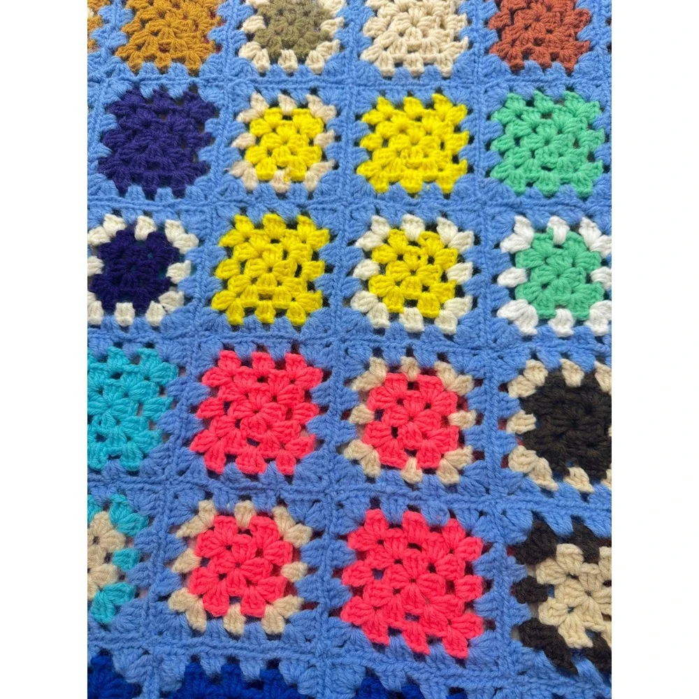 Vintage Granny Square Afghan Blanket Blue Multi Handmade Crochet Motifs Fringe